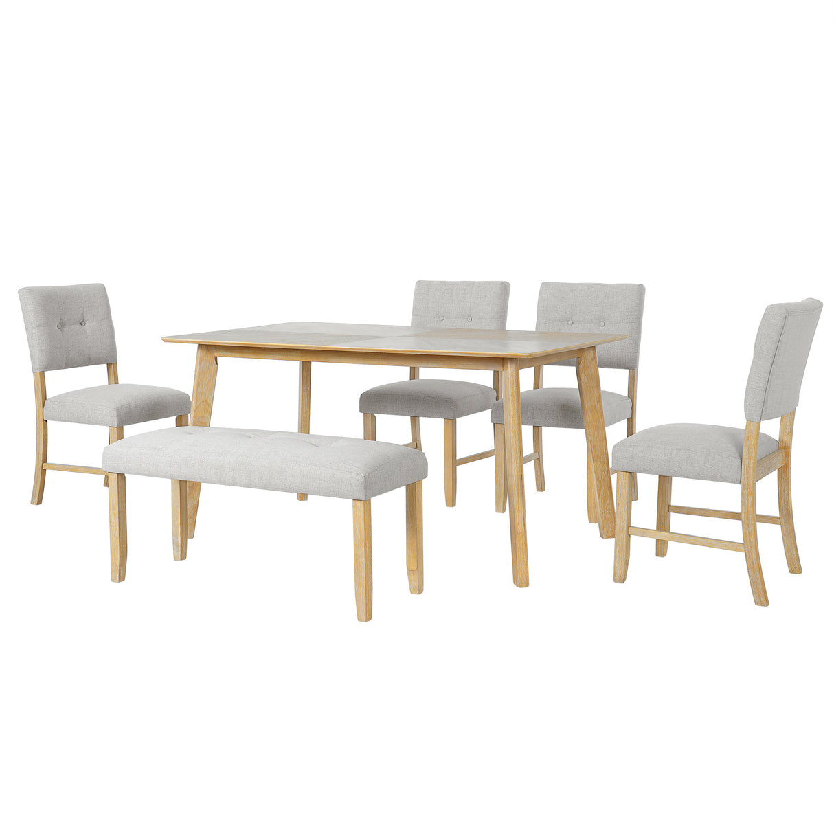 Juego de mesa de comedor de 6 piezas, mesa rectangular rústica de estilo rústico con 4 sillas tapizadas y banco, juego de mesa de cocina de madera maciza para 6 personas