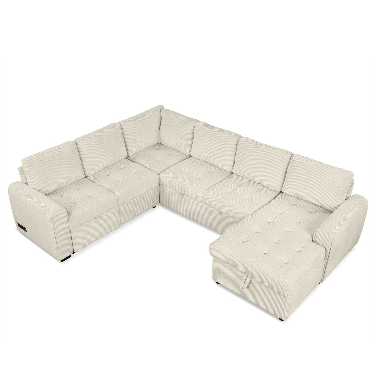 Beige U-Shaped Sectional Sofa with Pull-out Bed and Storage Chaise, Corduroy, 107.5'