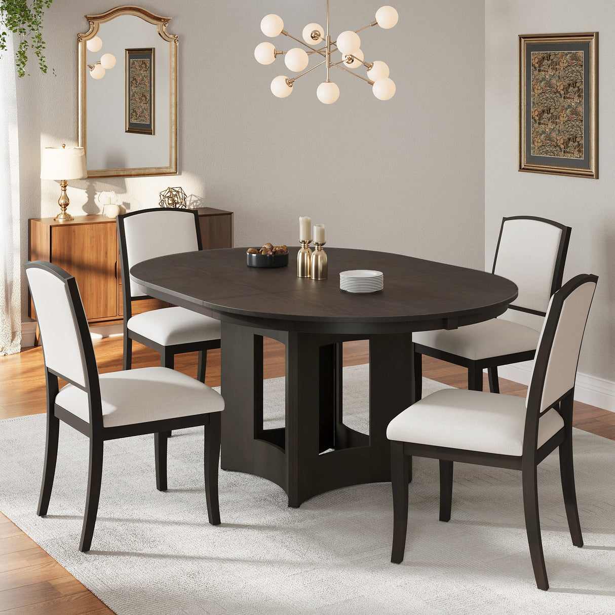 TOPMAX Farmhouse Extendable Round Dining Table Set for 4, 5-Piece Kitchen Table Set with 4 Upholstered Chairs and 16inch Removable Leaf for Small Places, Espresso+Beige - sold by Home Elegance USA