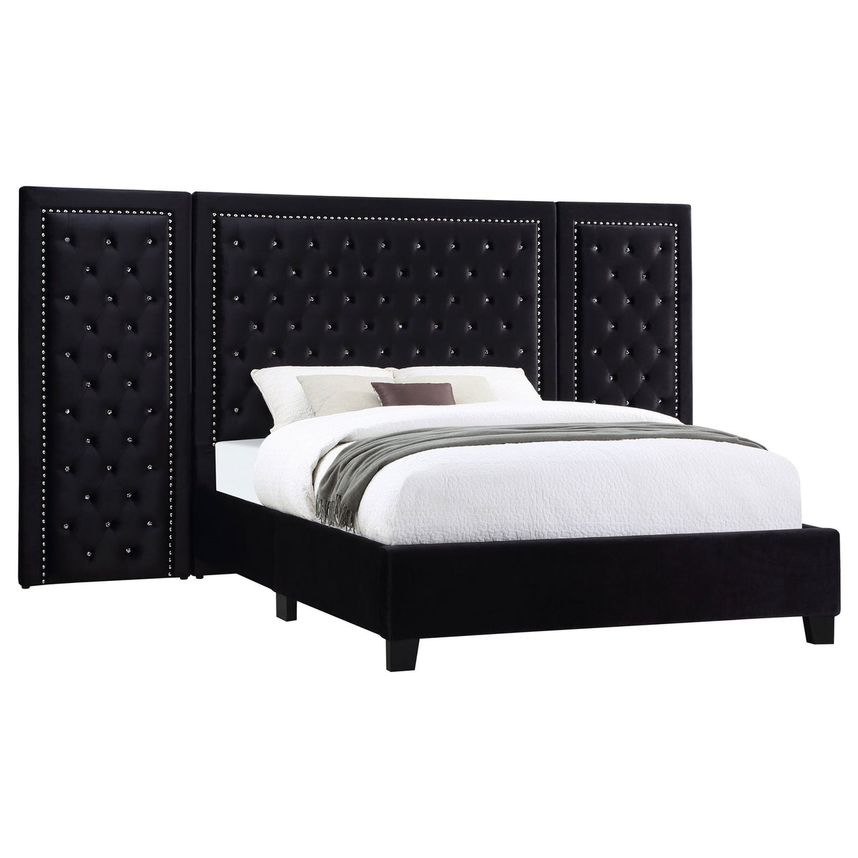 California King Bed W/ Wing Panel - Hailey Upholstered California King Wall Panel Bed Black | Coaster | Home Elegance USA