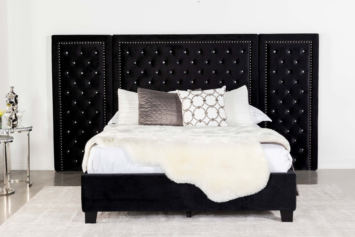 California King Bed W/ Wing Panel - Hailey Upholstered California King Wall Panel Bed Black | Coaster | Home Elegance USA