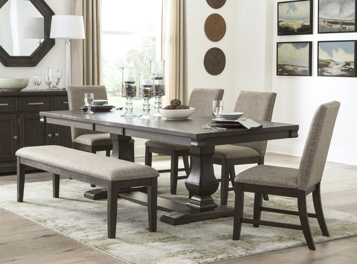 6pc Dining Set Traditional Style Dining Table Double Pedestal Base and Upholstered Beige Side Chairs Bench Dining Wooden Furniture - sold by Home Elegance USA