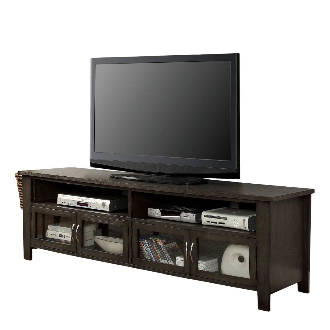 Transitional Style TV Console Base With Dual Cabinet And Two Open Shelves 3mm Tempered Glass On Cabinet Doors Rear Wearing Access Gray Finish - sold by Home Elegance USA