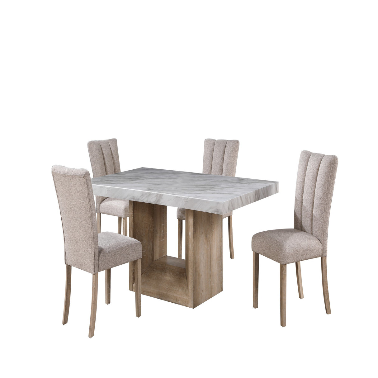 SHEENA 5PC Dining Table Set with Faux Marble Top and Natural Wood Look, Beige/Natural, MDF and Rubber Wood, 70x42x30.25 inches