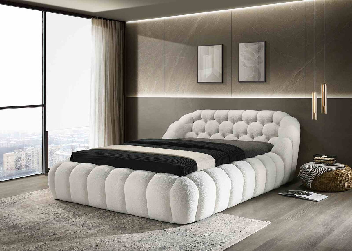 Eye-Catching Contemporary Style White Chenille Fabric Upholstered 1pc Est. King Size Bed Bedroom