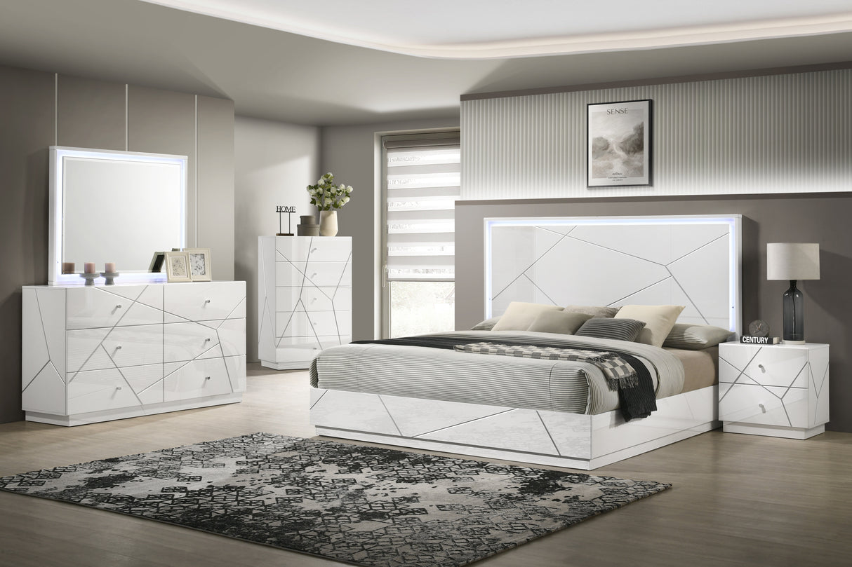 Manhattan King 5-Piece Bedroom Set – Modern Design with Lacquer Finish, Geometric Accents, and LED Lighting(NJ Inventory)