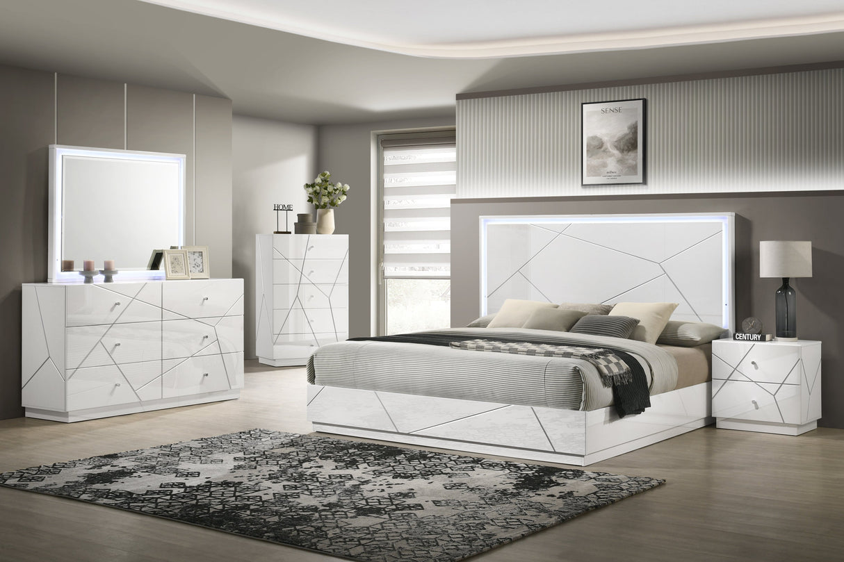 Manhattan Queen 5-Piece Bedroom Set – Modern Design with Lacquer Finish, Geometric Accents, and LED Lighting (CA Inventory) - sold by Home Elegance USA