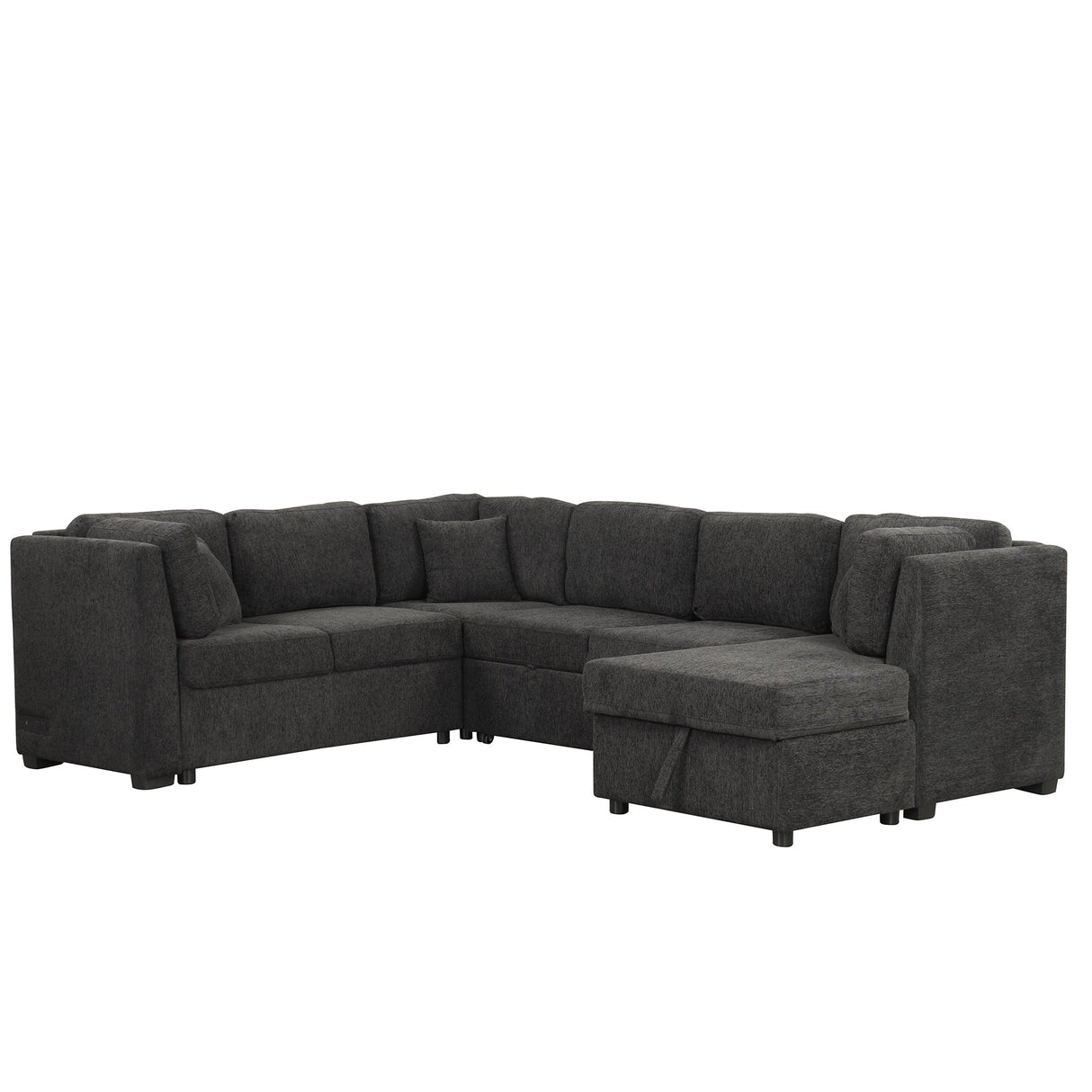 U-shaped Sectional Sofa Pull Out Bed with USB Ports, Power Sockets, Back Pillows & Storage Chaise, Black Chenille, 108.6' - sold by Home Elegance USA