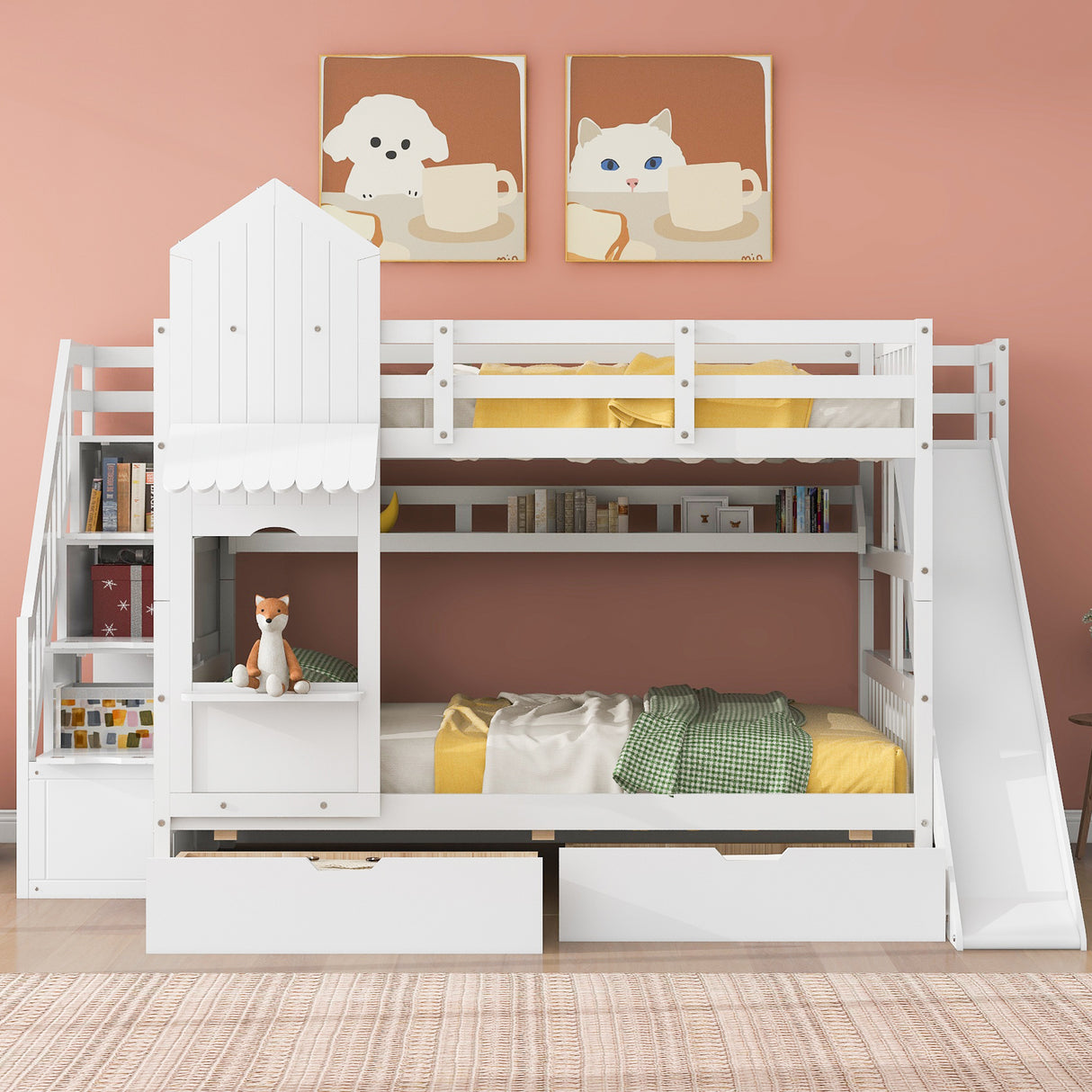 Full-Over-Full Castle Style Bunk Bed with 2 Drawers 3 Shelves and Slide - White(OLD SKU:LT000558AAK-2) - sold by Home Elegance USA