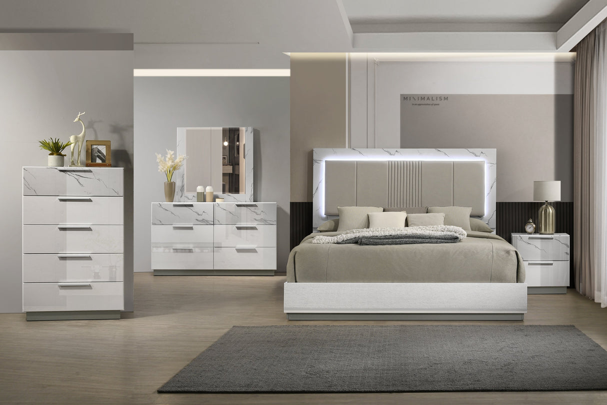 Mist Queen 5-Piece Set – Two-Tone High-Gloss Marble & Lacquer Finish with LED Lighting, Spacious Velvet-Lined Storage White (NJ Inventory) - sold by Home Elegance USA
