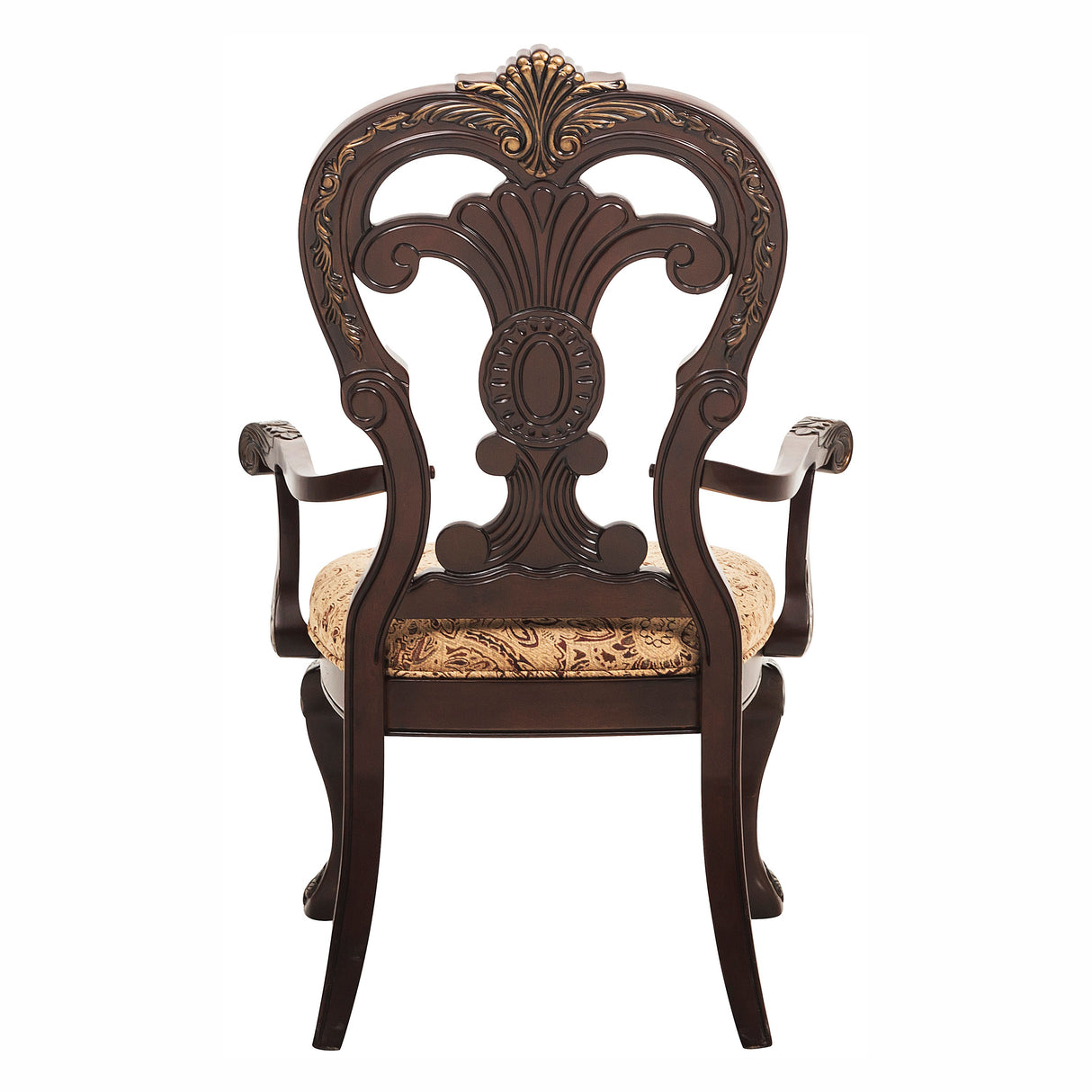 Decorative wooden chair with intricate carvings on a white background