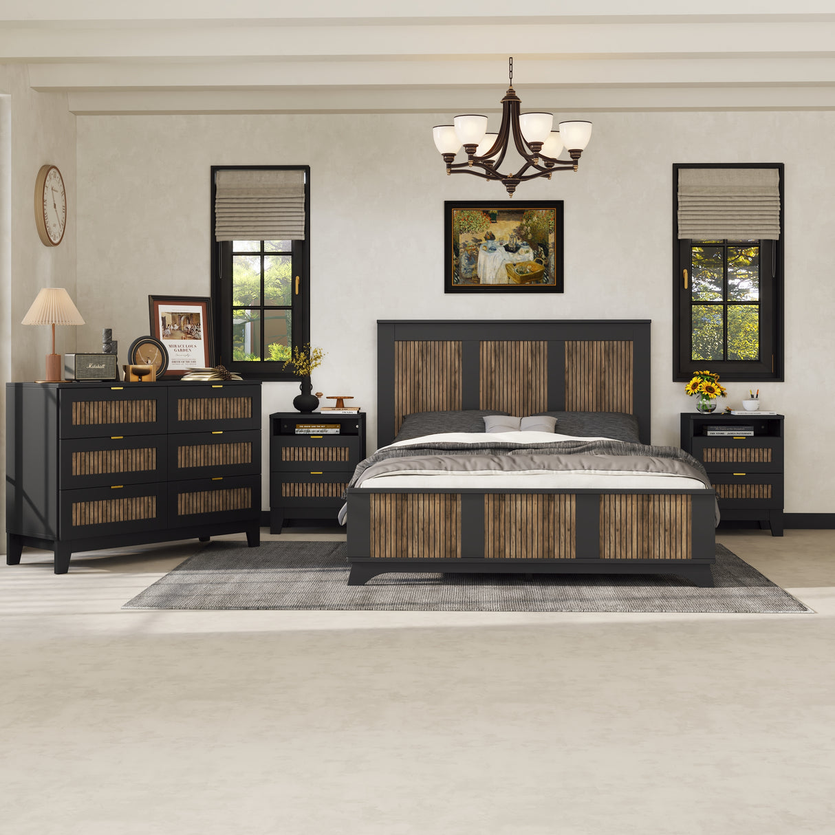 4-Pieces Bedroom Sets, Queen Size Farmhouse Platform Bed with Wooden Strip Stickers Decoration, Storage Nightstand and Dresser with Metal Handle, Black(Old SKU: HL000191AAB)