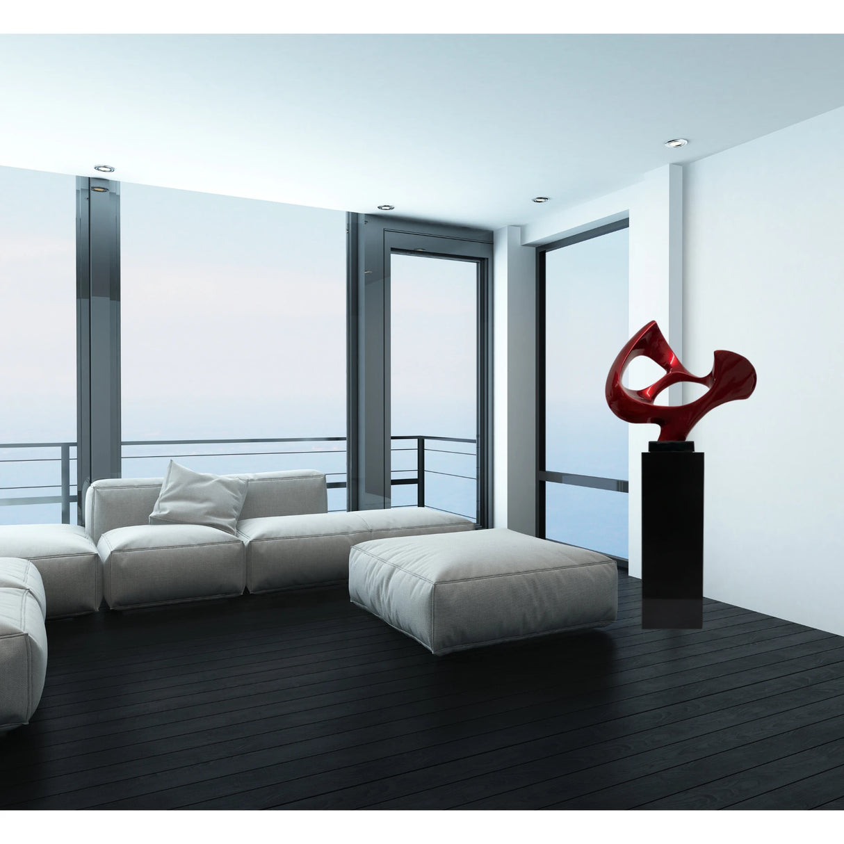 Máscara abstracta, escultura de suelo de 137 cm de altura // Base metálica roja y negra | Finesse