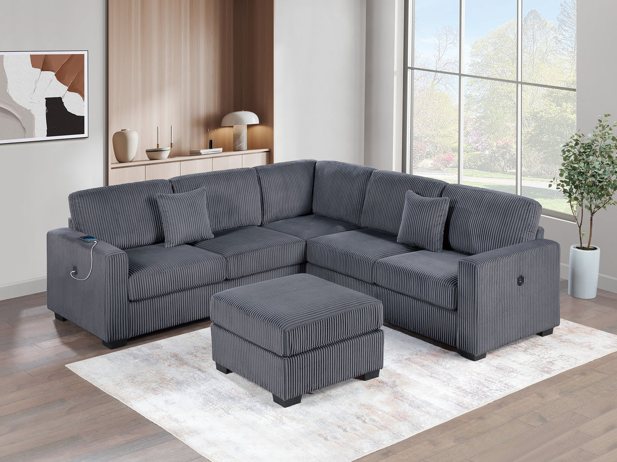 Living Room Corduroy Upholstered Dark Gray 4pc Sectional Set RAF/LAF One-Arm Loveseat W/USB, Corner Wedge, Cocktail Ottoman Cushion Couch