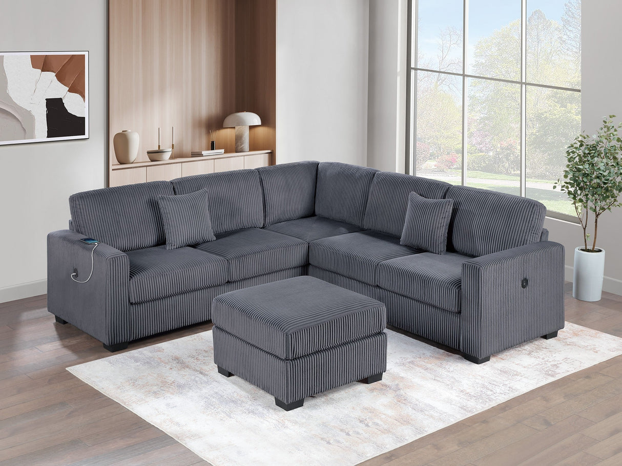 Living Room Corduroy Upholstered Dark Gray 4pc Sectional Set RAF/LAF One-Arm Loveseat W/USB, Corner Wedge, Cocktail Ottoman Cushion Couch - sold by Home Elegance USA