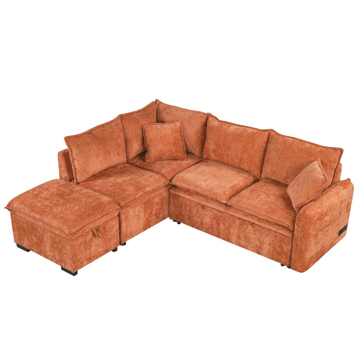 Convertible L-shaped Sofa Bed with Storage Ottoman, Power Sockets & USB Ports, Orange Chenille, 82.67' - sold by Home Elegance USA