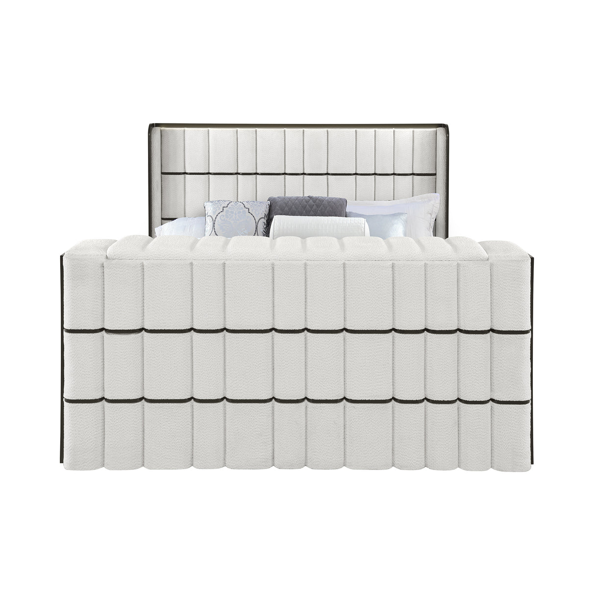 Isaiah White and Black King Bed with 50' TV Lift-LED, Speakers and Fireplace: Upholstered Frame in Rubber Wood, Modern Design