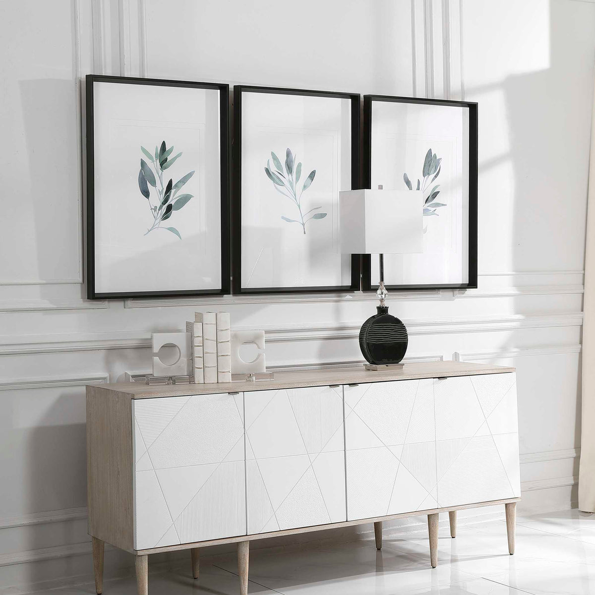 Simple Sage Watercolor Prints (Set of 3) - White / Green by Uttermost - View 3