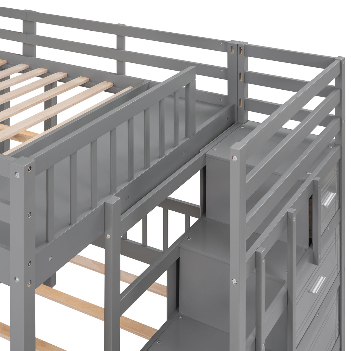 Full Over Twin & Twin Bunk Bed, Wood Triple Bunk Bed with Drawers and Guardrails (Gray) - sold by Home Elegance USA