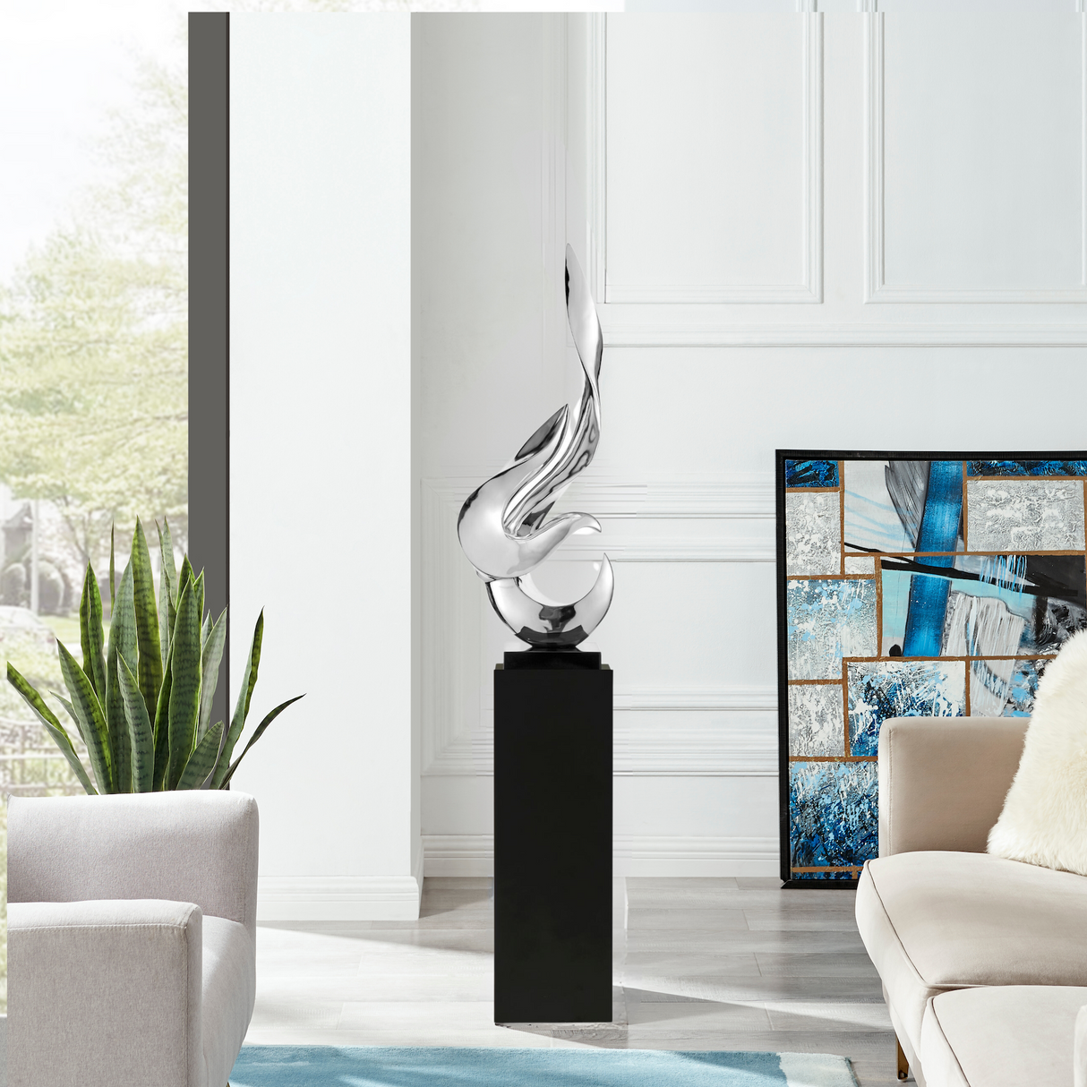Flame 65" Tall Floor Sculpture // Chrome with Black Stand | Finesse - Home Elegance USA
