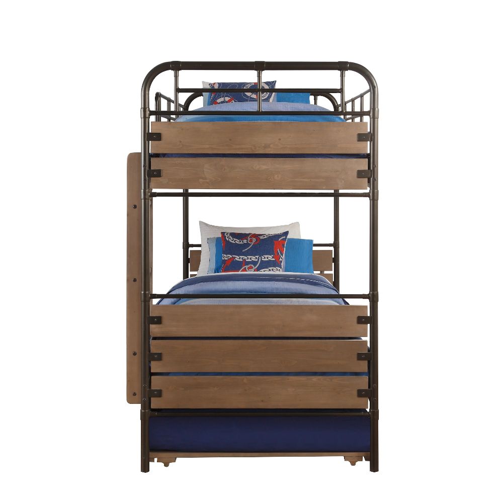Adams Twin/Twin Bunk Bed W/Trundle 37760 Antique Oak & Gunmetal Finish | Acme | Home Elegance USA