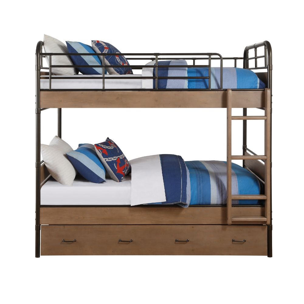 Adams Twin/Twin Bunk Bed W/Trundle 37760 Antique Oak & Gunmetal Finish | Acme | Home Elegance USA