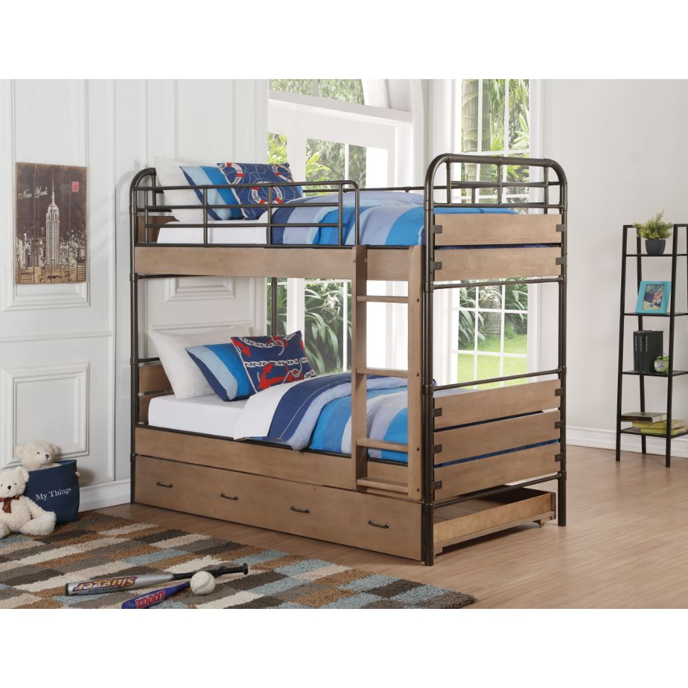 Adams Twin/Twin Bunk Bed W/Trundle 37760 Antique Oak & Gunmetal Finish | Acme | Home Elegance USA