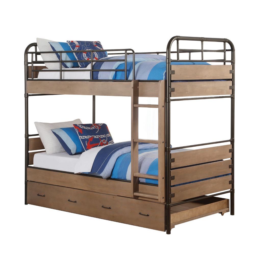 Adams Twin/Twin Bunk Bed W/Trundle 37760 Antique Oak & Gunmetal Finish | Acme | Home Elegance USA
