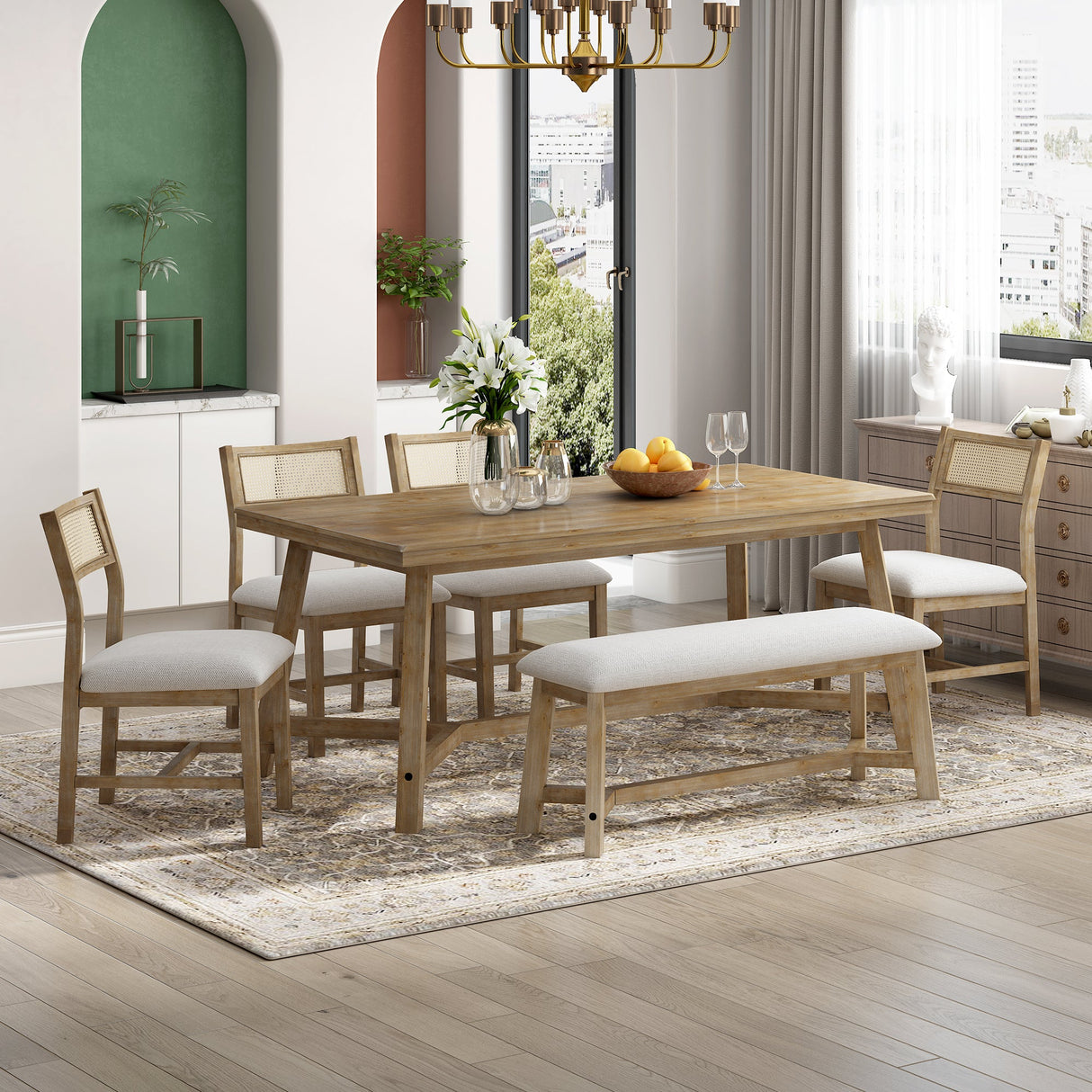 TREXM 6-piece Retro Farmhouse Style Dining Set, Rectangular Table and 4 Upholstered Chairs with Rattan and Bench for Dining Room and Kitchen (Natural Wood Wash) - sold by Home Elegance USA