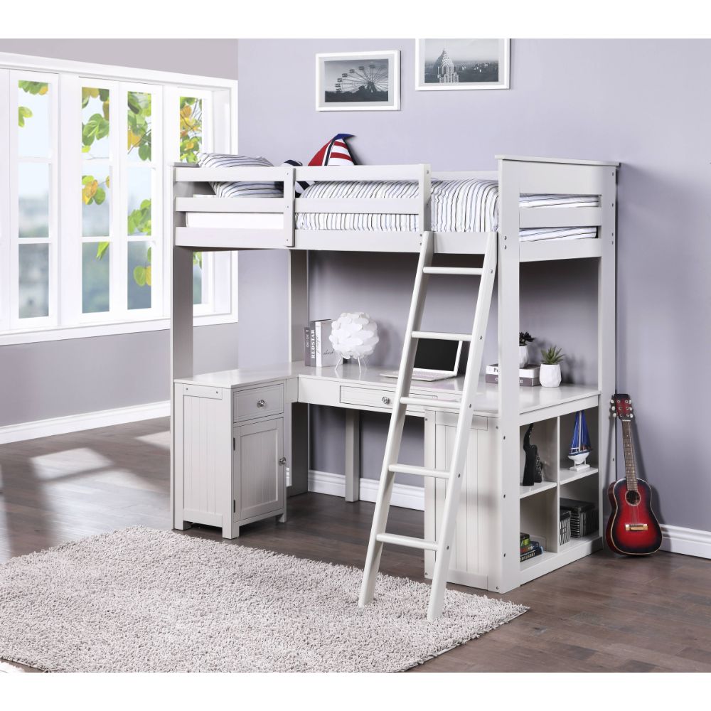 Ambar Twin Loft Bed W/Desk & Bookcase & Chest 38065 Light Gray Finish | Acme | Home Elegance USA