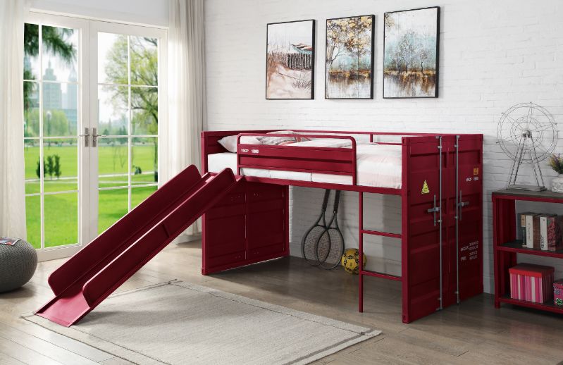 Cargo Twin Loft Bed W/Slide 38300 Red Finish | Acme | Home Elegance USA