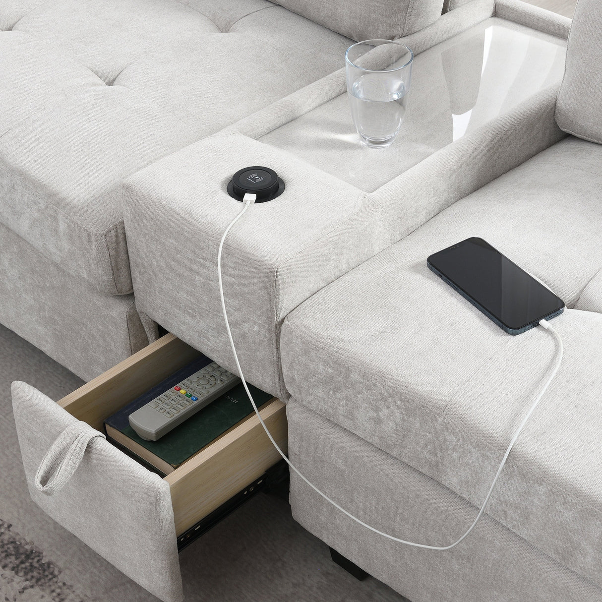 Chenille U Shaped Sectional Sofa with Acrylic Table Top, USB Charger, Storage Drawers, Pockets and Movable Ottoman - sold by Home Elegance USA