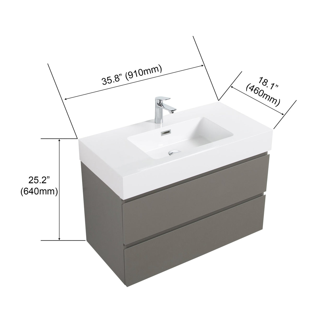 Alice 36" Gray Bathroom Vanity with Sink, Large Storage Wall Mounted Floating Bathroom Vanity for Modern Bathroom, One - Piece White Sink Basin without Drain and Faucet | Home Elegance USA