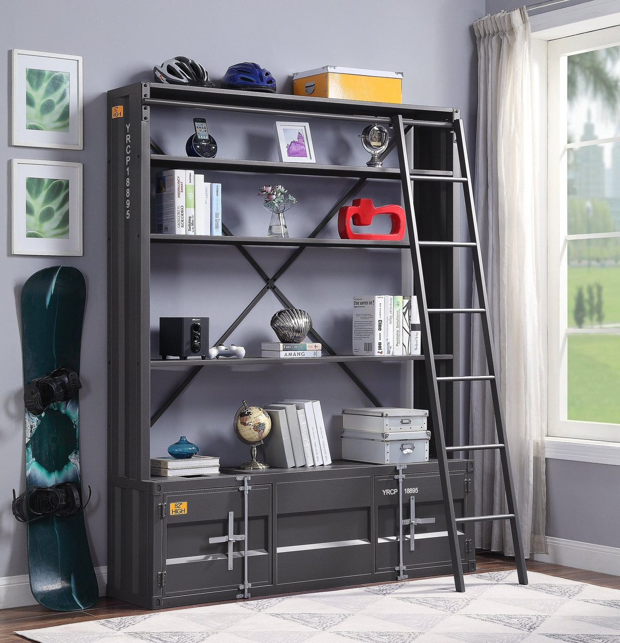 Cargo Bookcase W/Ladder 39887 Gunmetal | Acme | Home Elegance USA