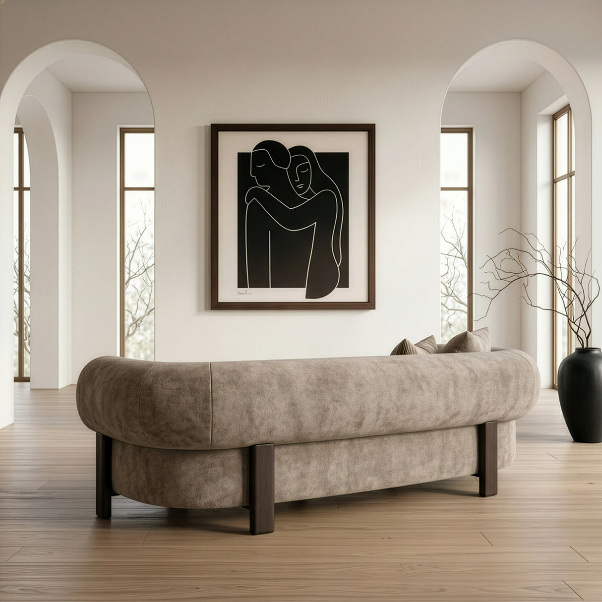 Arnaud - Modern Tan Fabric + Brown Oak Sofa - View Image 1