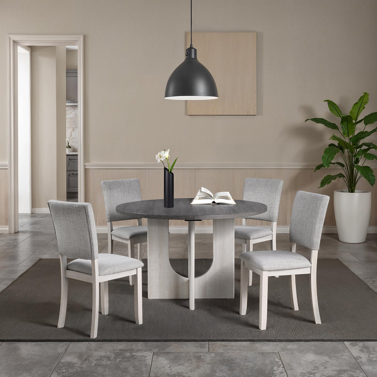 Contemporary Style 5pc Dining Set Kitchen Dinette Gray Upholstered Fabric Chairs Round Table Pedestal Base Table 4x Side Chairs Dining Room - sold by Home Elegance USA