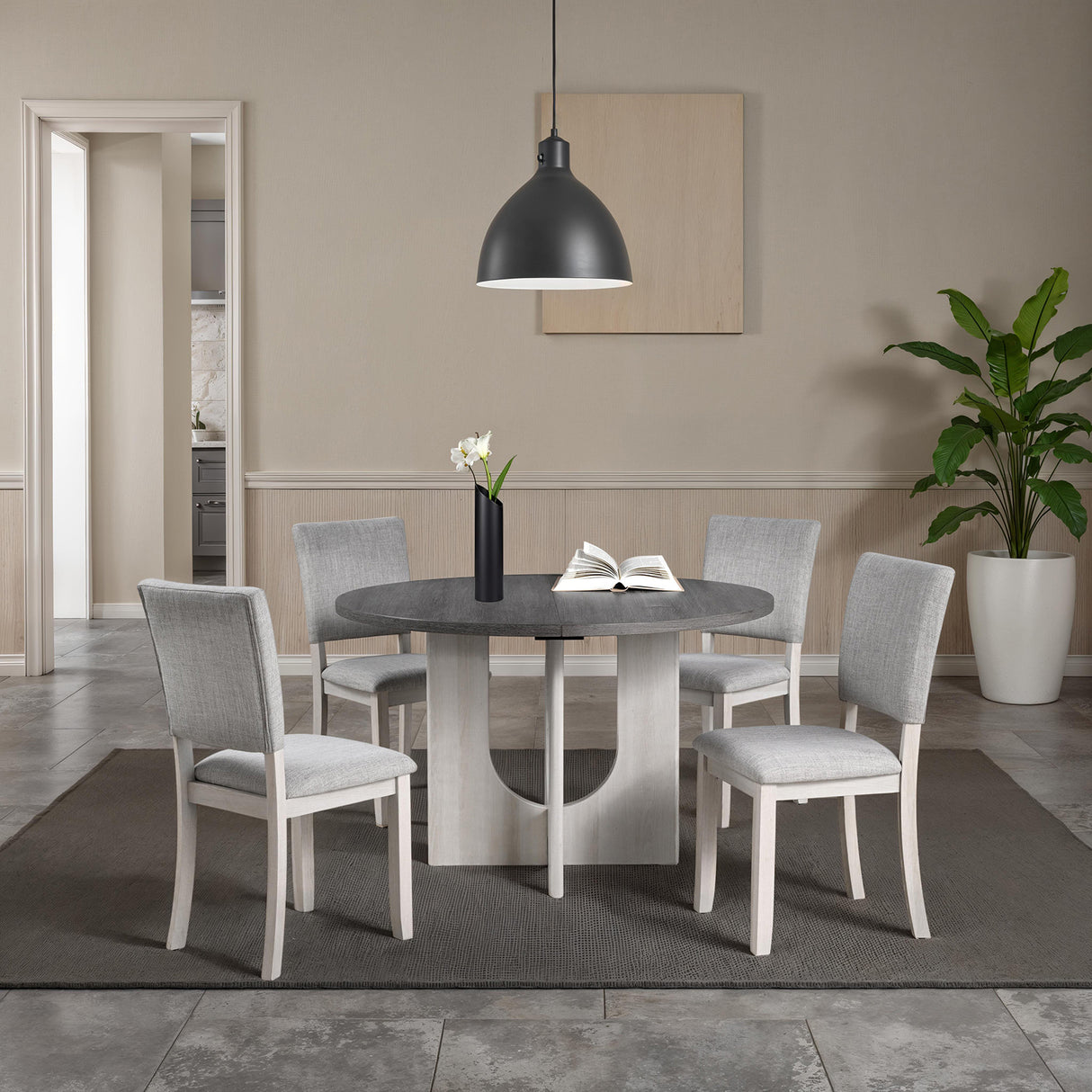 Juego de comedor de estilo contemporáneo de 5 piezas, comedor de cocina con sillas tapizadas de tela gris, mesa redonda con base de pedestal y 4 sillas laterales.