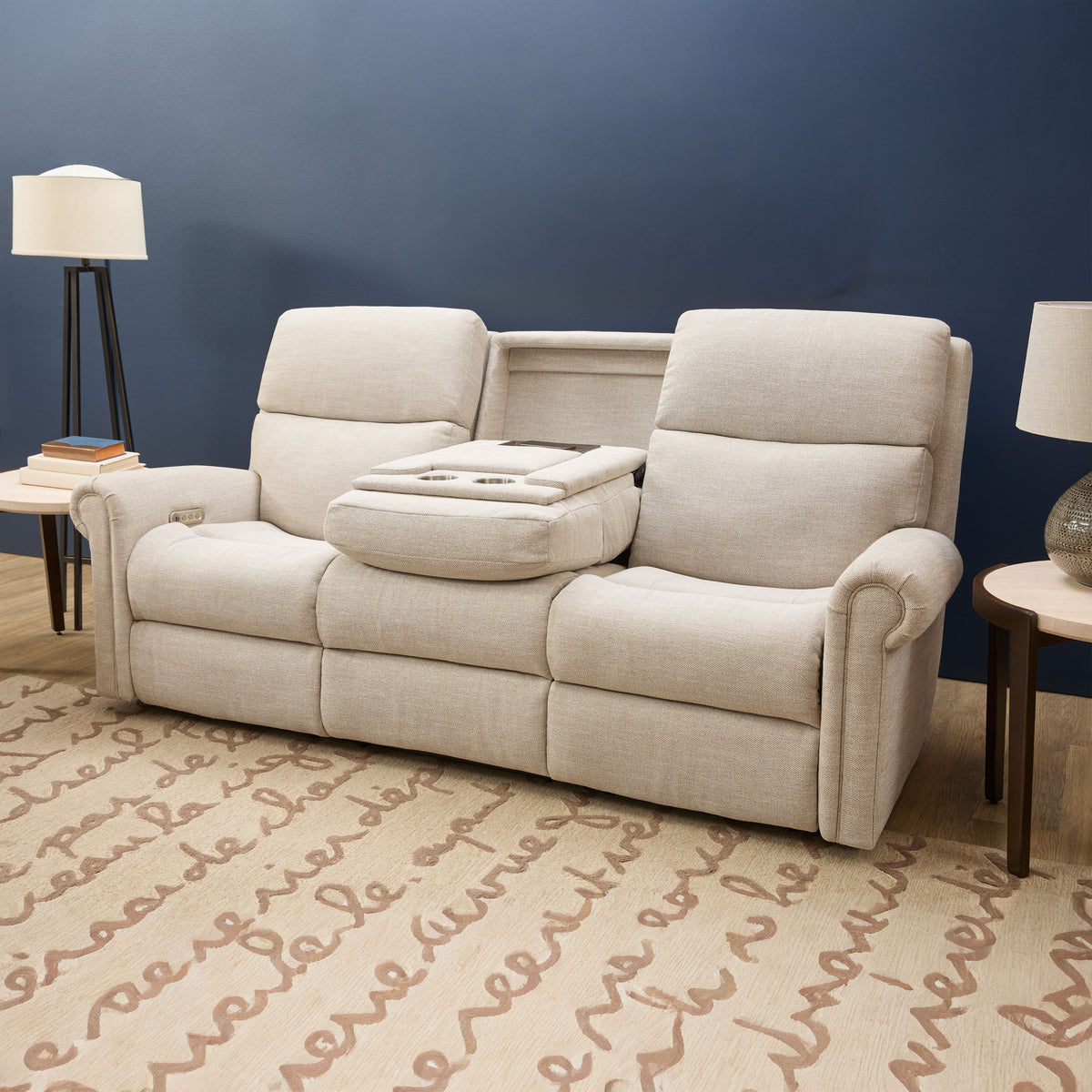 Bernard Power Reclining Fabric Sofa With Console, Power Headrest, & Lumbar | Flexsteel