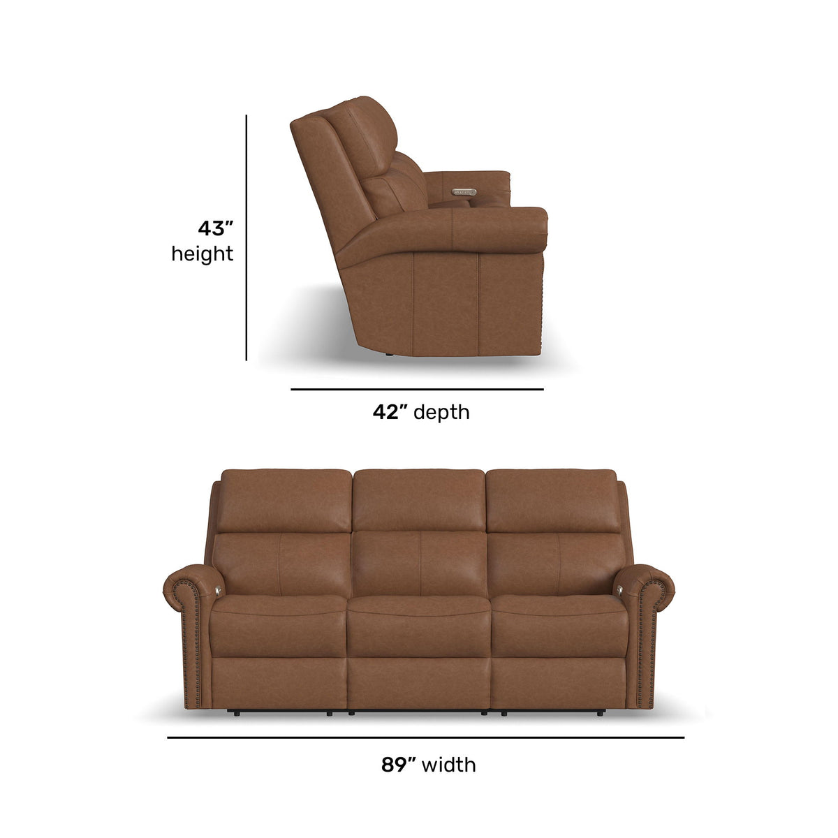 Bernard Power Reclining Sofa With Console, Power Headrests & Lumbar, Nailhead Trim | Flexsteel