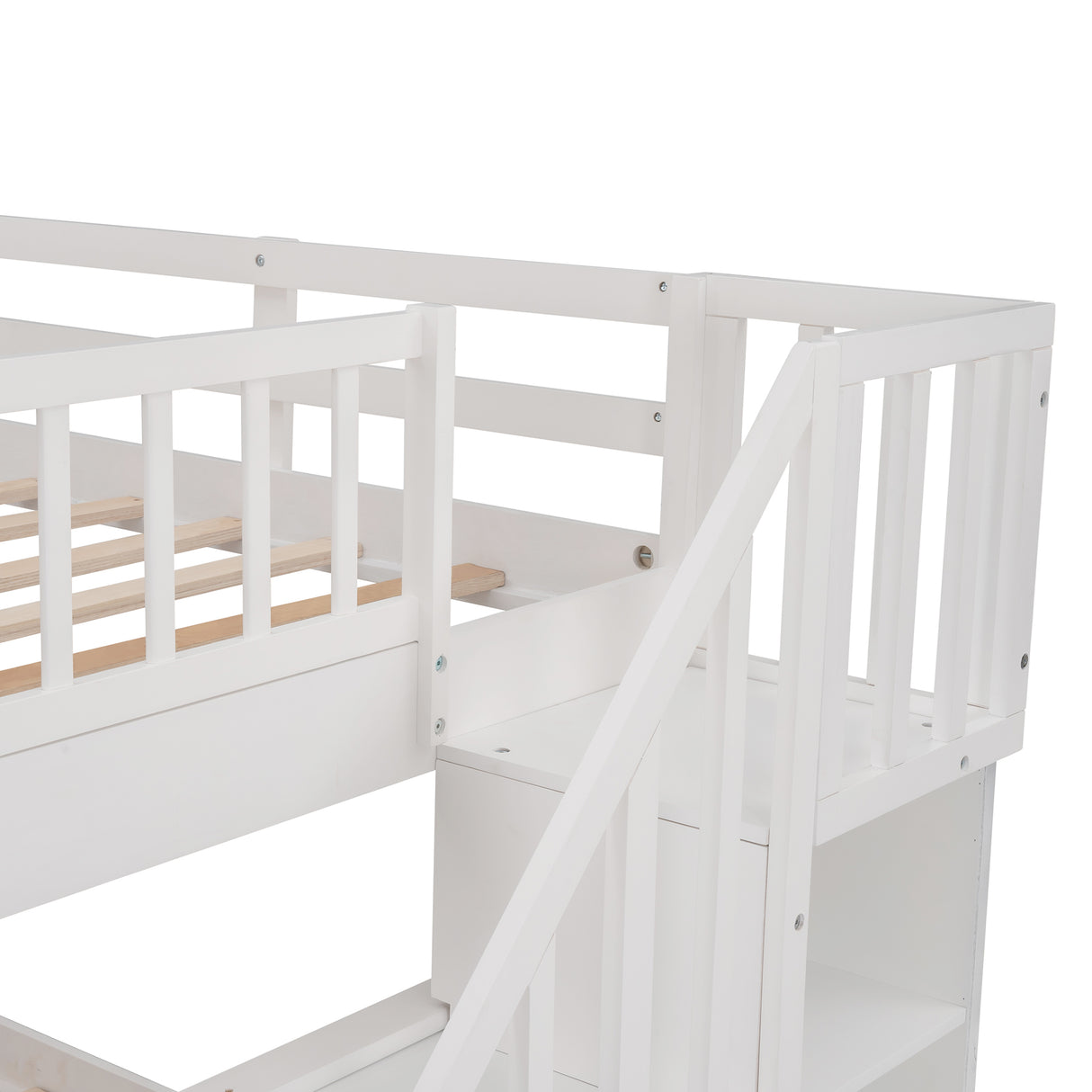 Stairway Full-Over-Full Bunk Bed with Drawer, Storage and Guard Rail for Bedroom, White - sold by Home Elegance USA