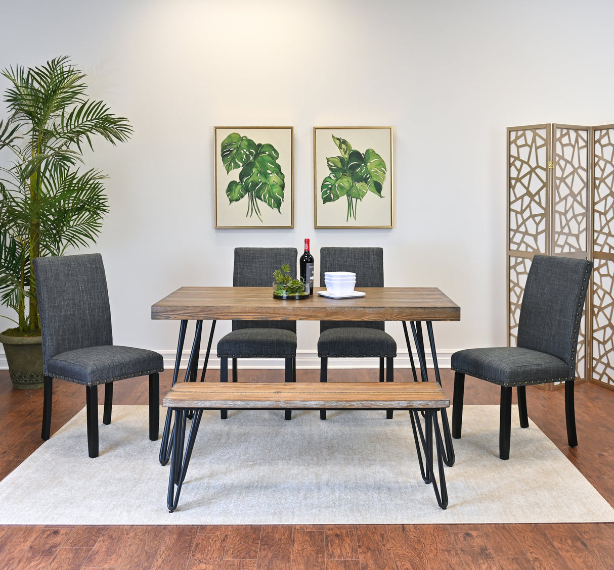 Amisos 6-Piece Dining Set, Hairpin Dining Table with 4 Chairs and a Wood Bench, 3 Color Options - sold by Home Elegance USA