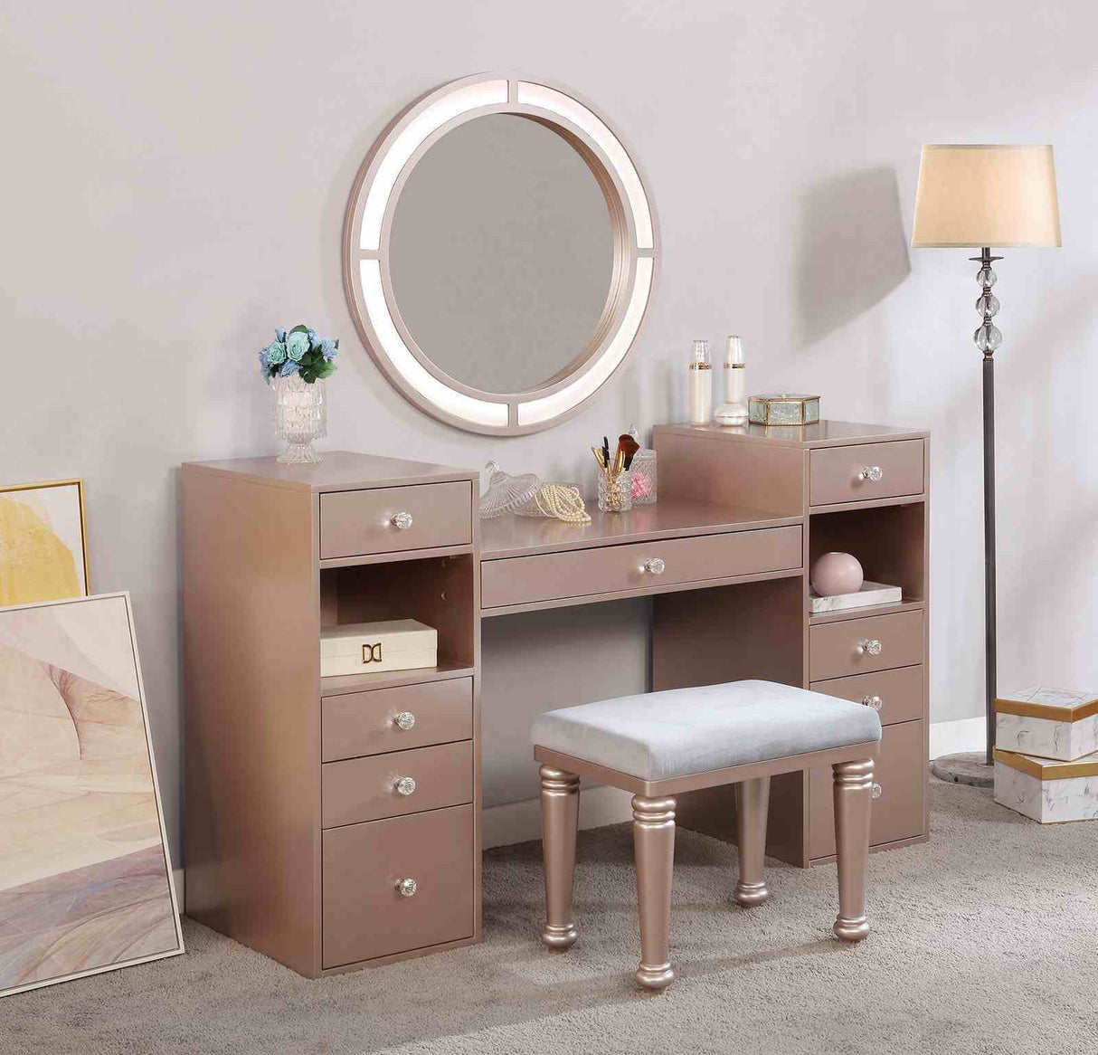 Glam Style 1pc Vanity w/ Padded Stool Set 3mm Mirror Storage Drawers LED On Mirror Tiffany Blush Finish Bedroom Furniture