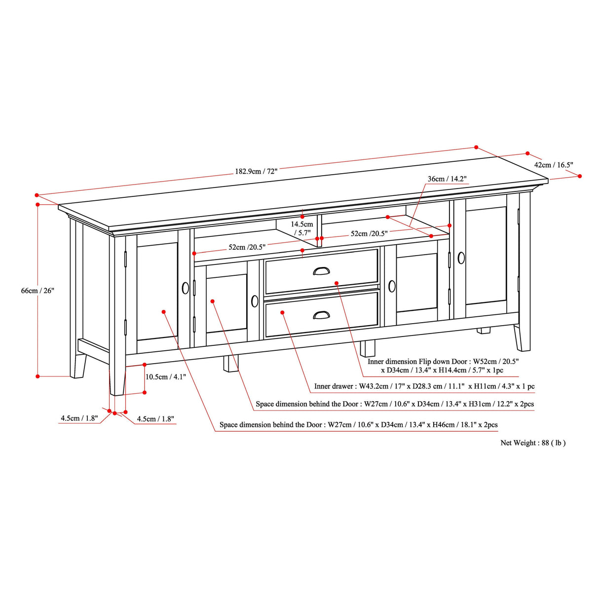 Redmond 72 inch Wide Solid Wood TV Stand in Hickory Brown For TVs up to 80 inches - sold by Home Elegance USA