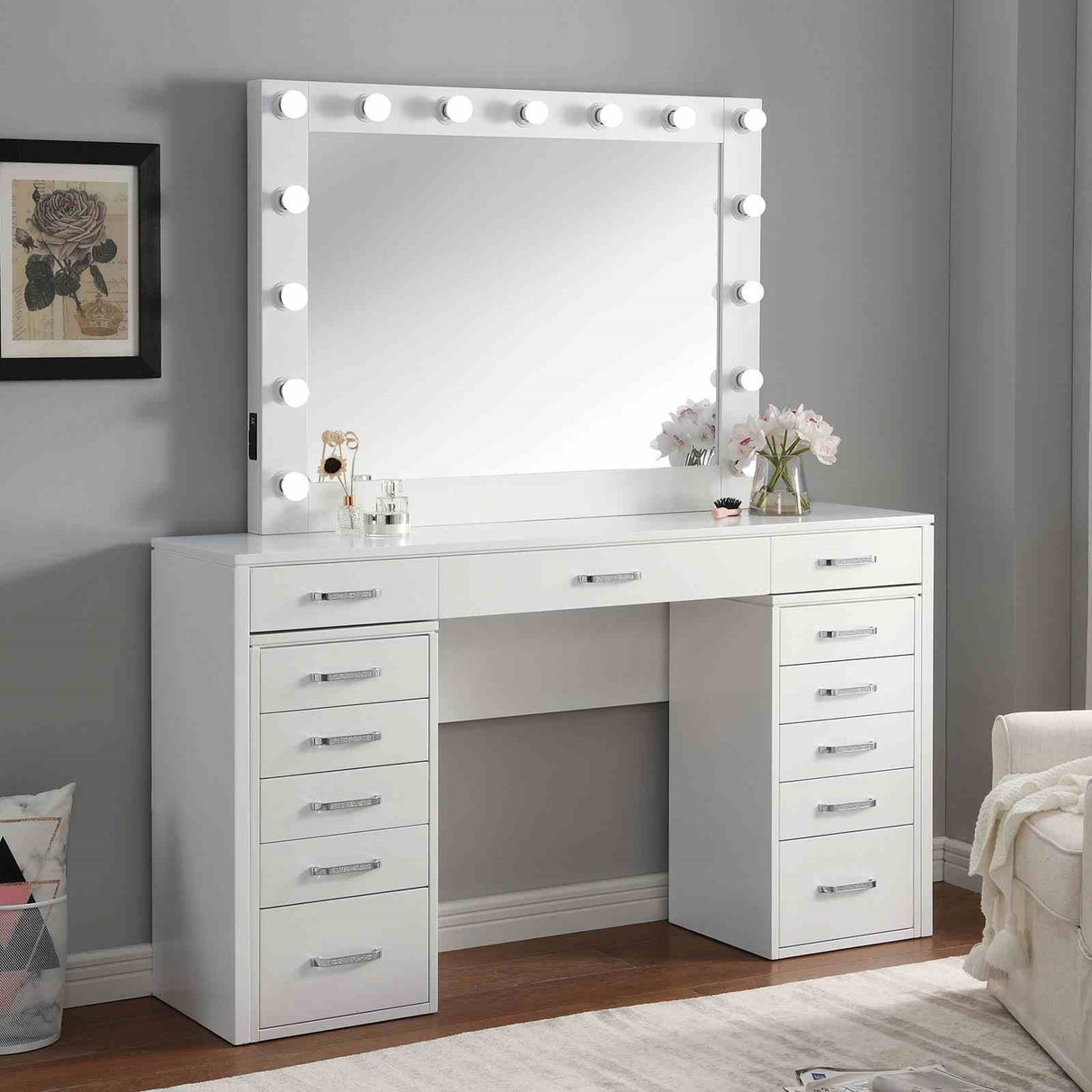 Glam Style 1pc Vanity Set Multiple Drawer Cabinets 15pcs Bulbs USB Charger White Finish Bedroom Furniture Stool Not Included
