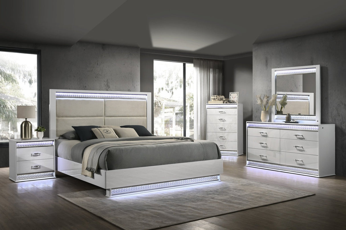 Glam Modern Style 5 Pc King Bedroom Set with LED Headboard Made with Wood in White