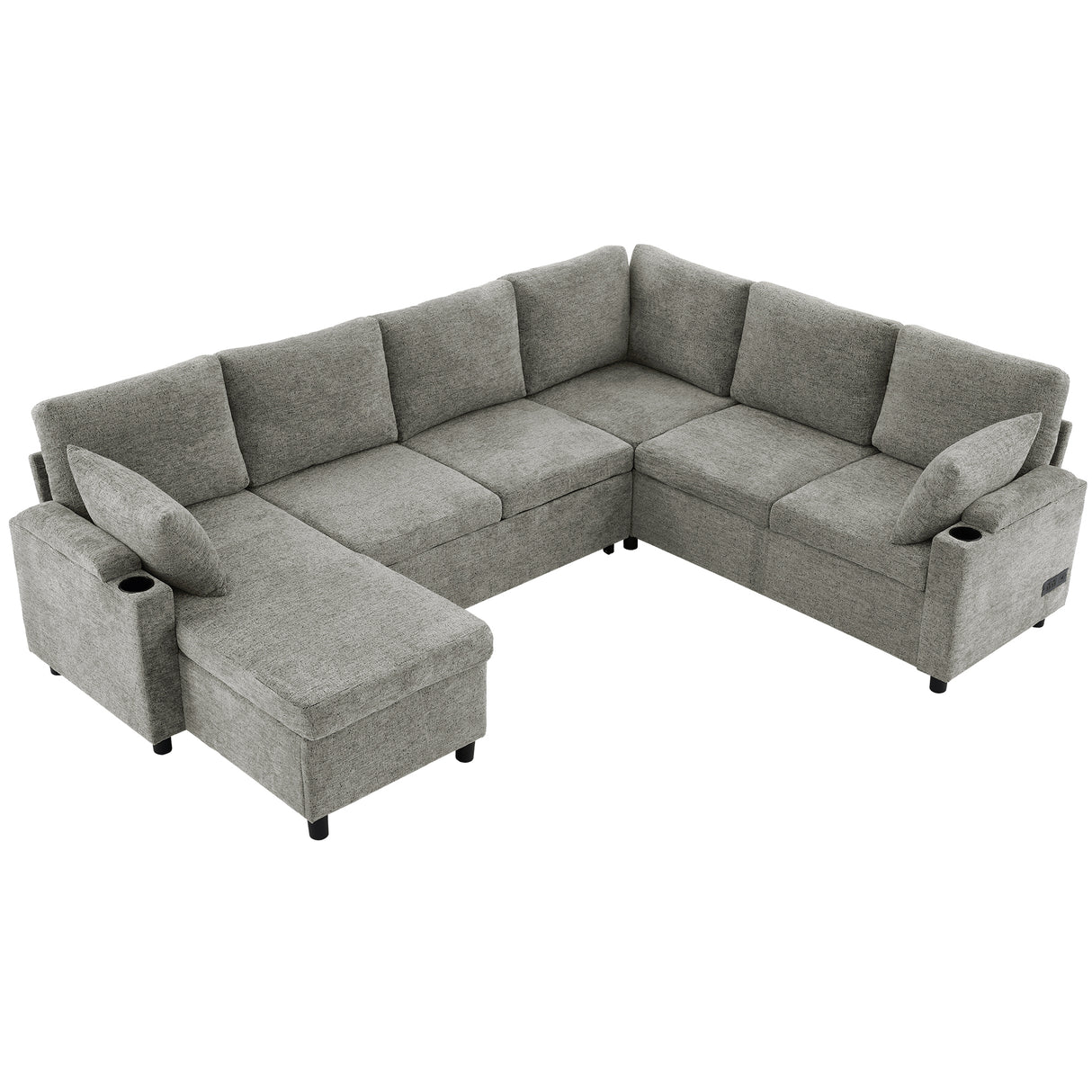 Versatile Light Grey Chenille Sectional Sofa Bed with Storage, Cup Holders & Charging Ports, 109.9'