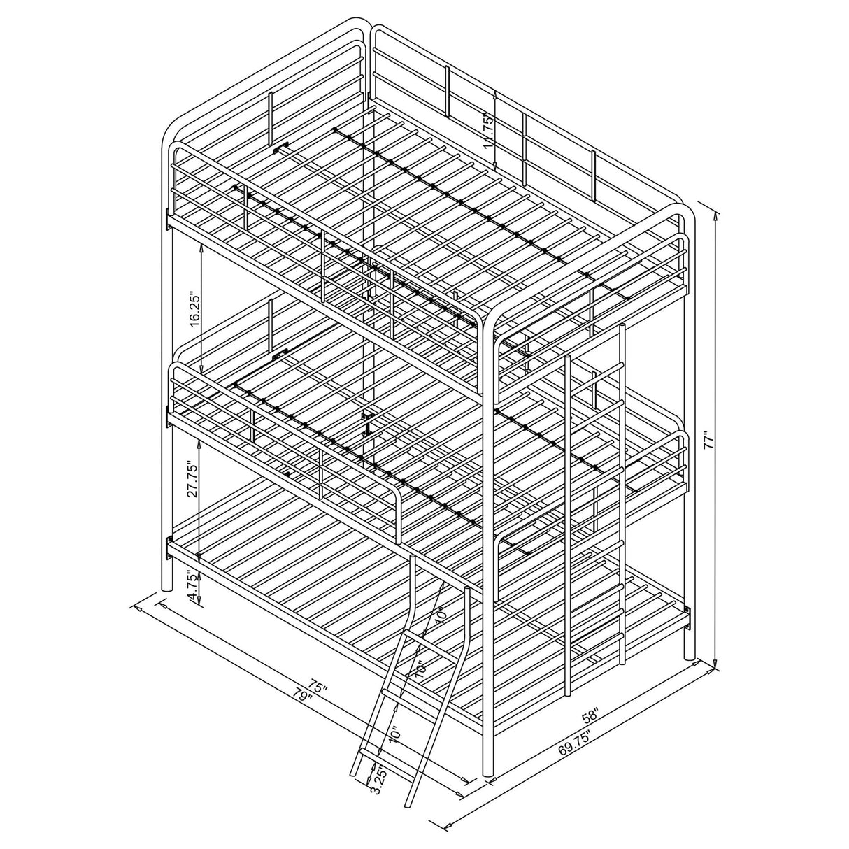 Full / Full / Full Triple Bunk Bed - Garner Triple Full Bunk Bed with Ladder Gunmetal