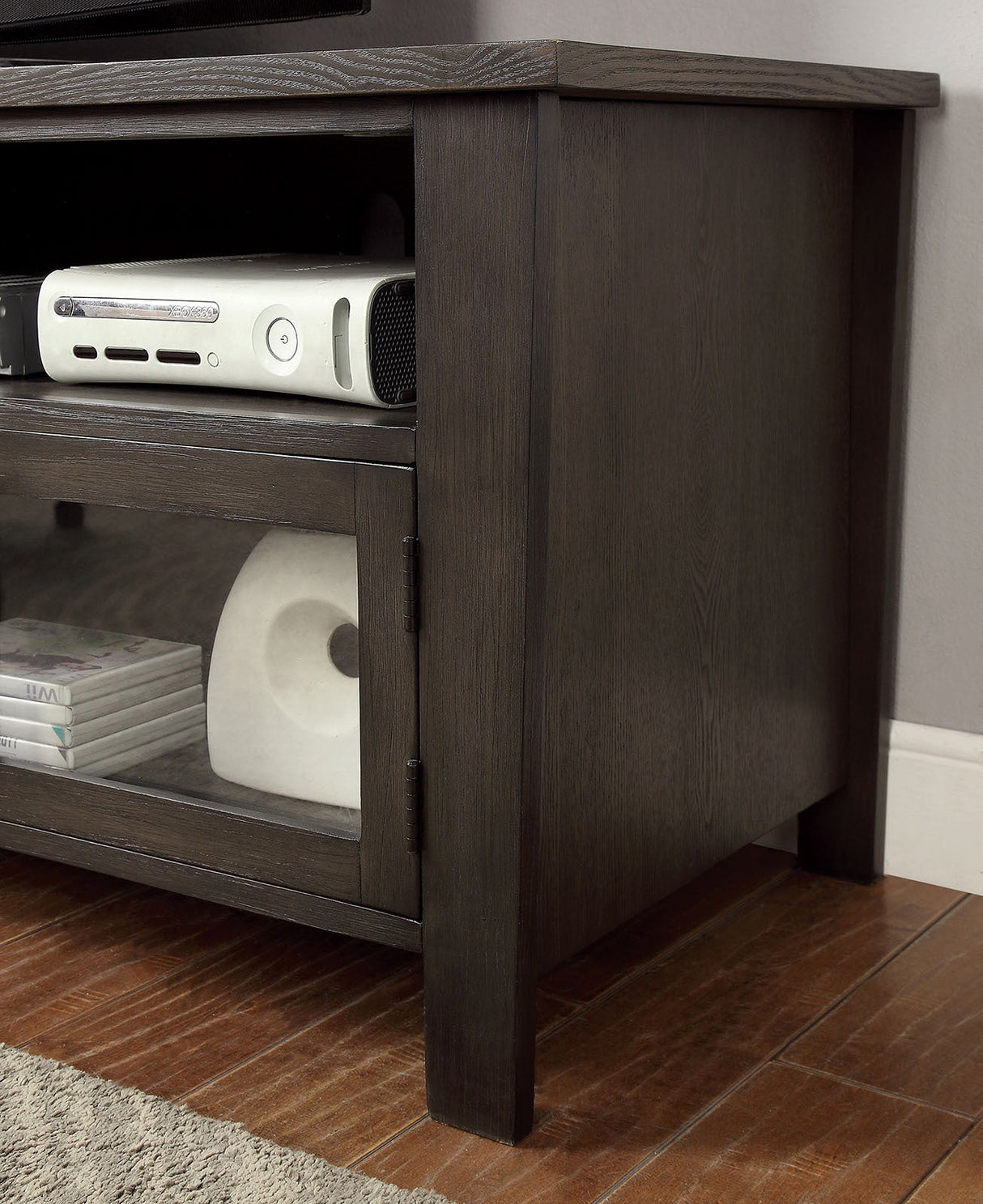 Transitional Style TV Console Base With Dual Cabinet And Two Open Shelves 3mm Tempered Glass On Cabinet Doors Rear Wearing Access Gray Finish - sold by Home Elegance USA