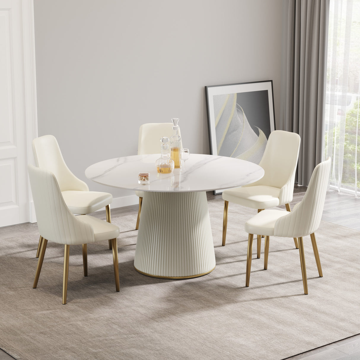 53.15 'Modern white artificial stone round beige plywood PU base dining table-can accommodate 6 people. (With 6 chairs)