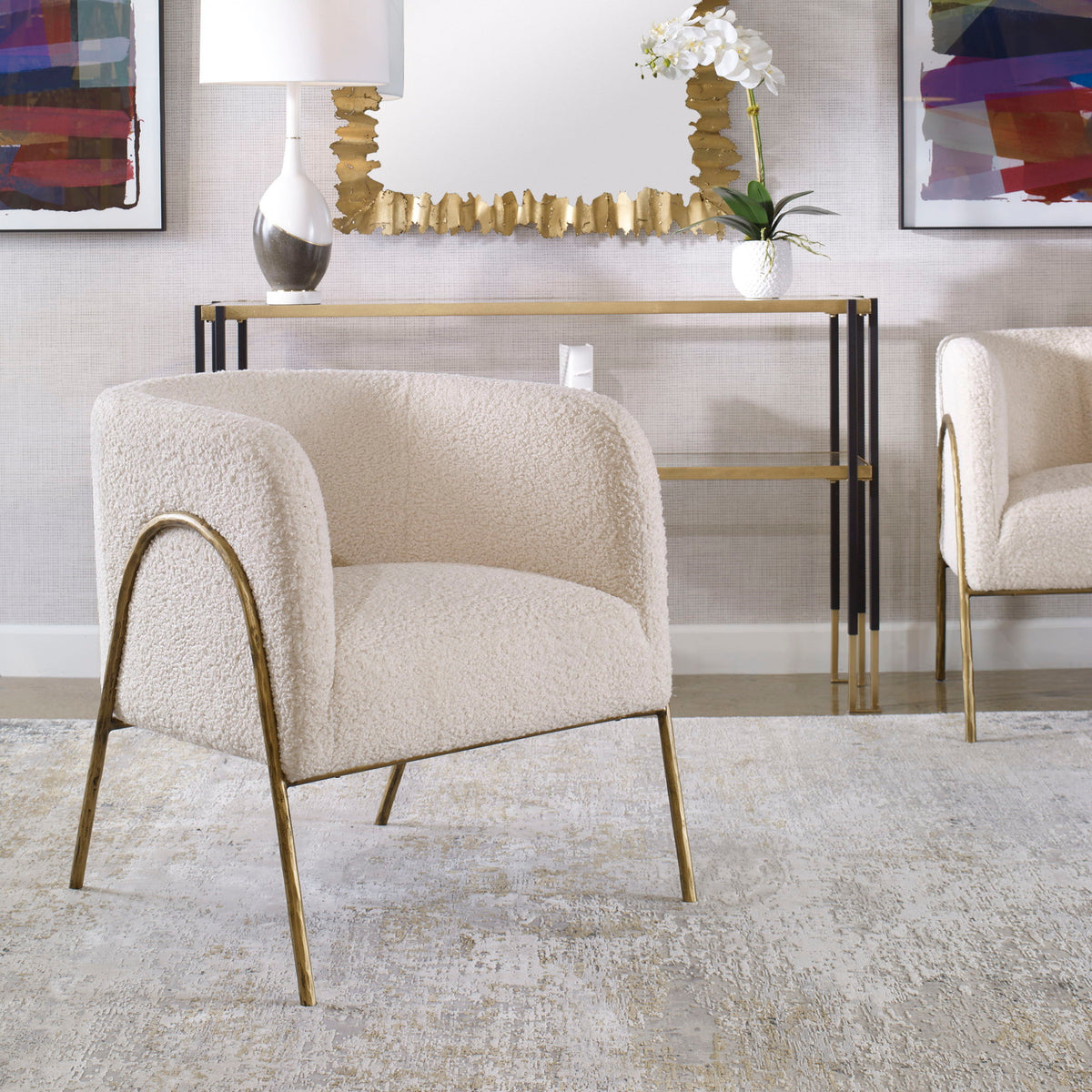 Jacobsen Shearling Accent Chair Off White - White / Light Brown by Uttermost - View 2
